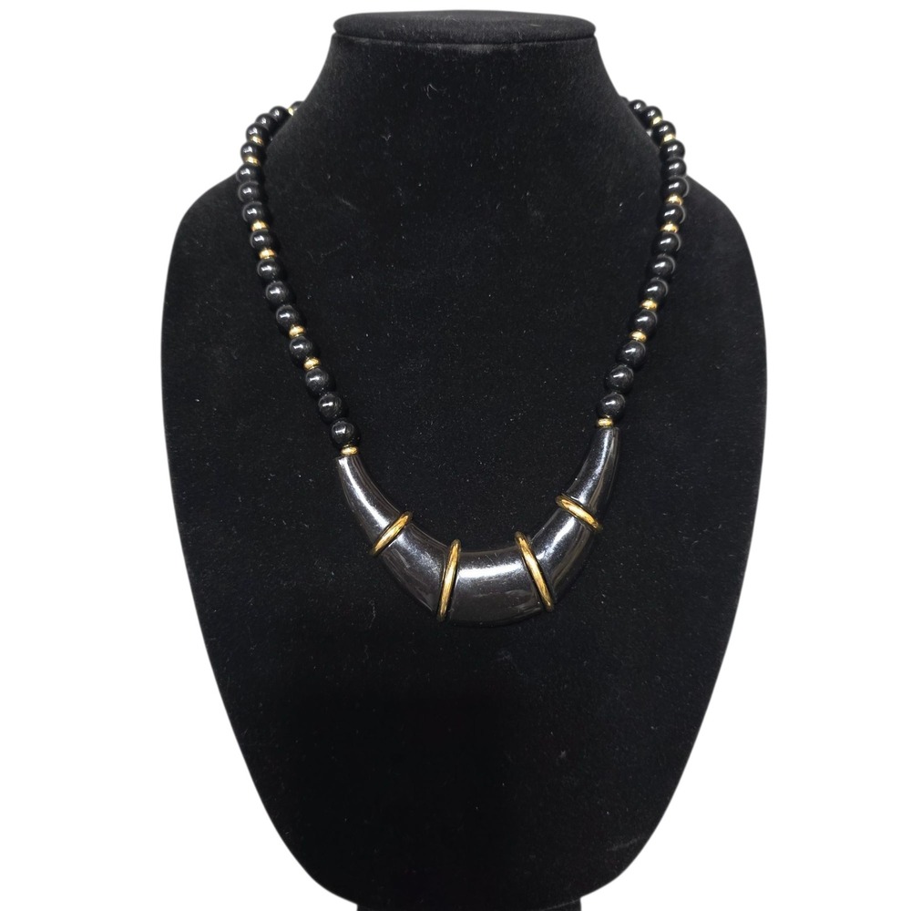 Napier Black Beaded Necklace Gold Accents Statement Jewelry